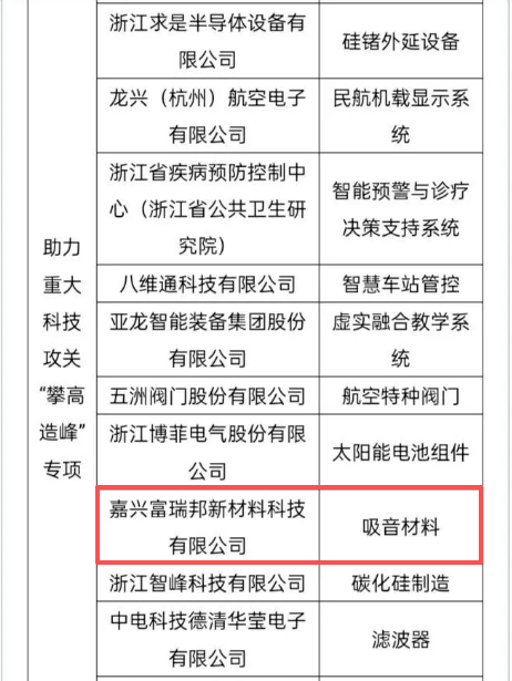 富瑞邦吸音材料项目入选浙江省高价值专利培育计划